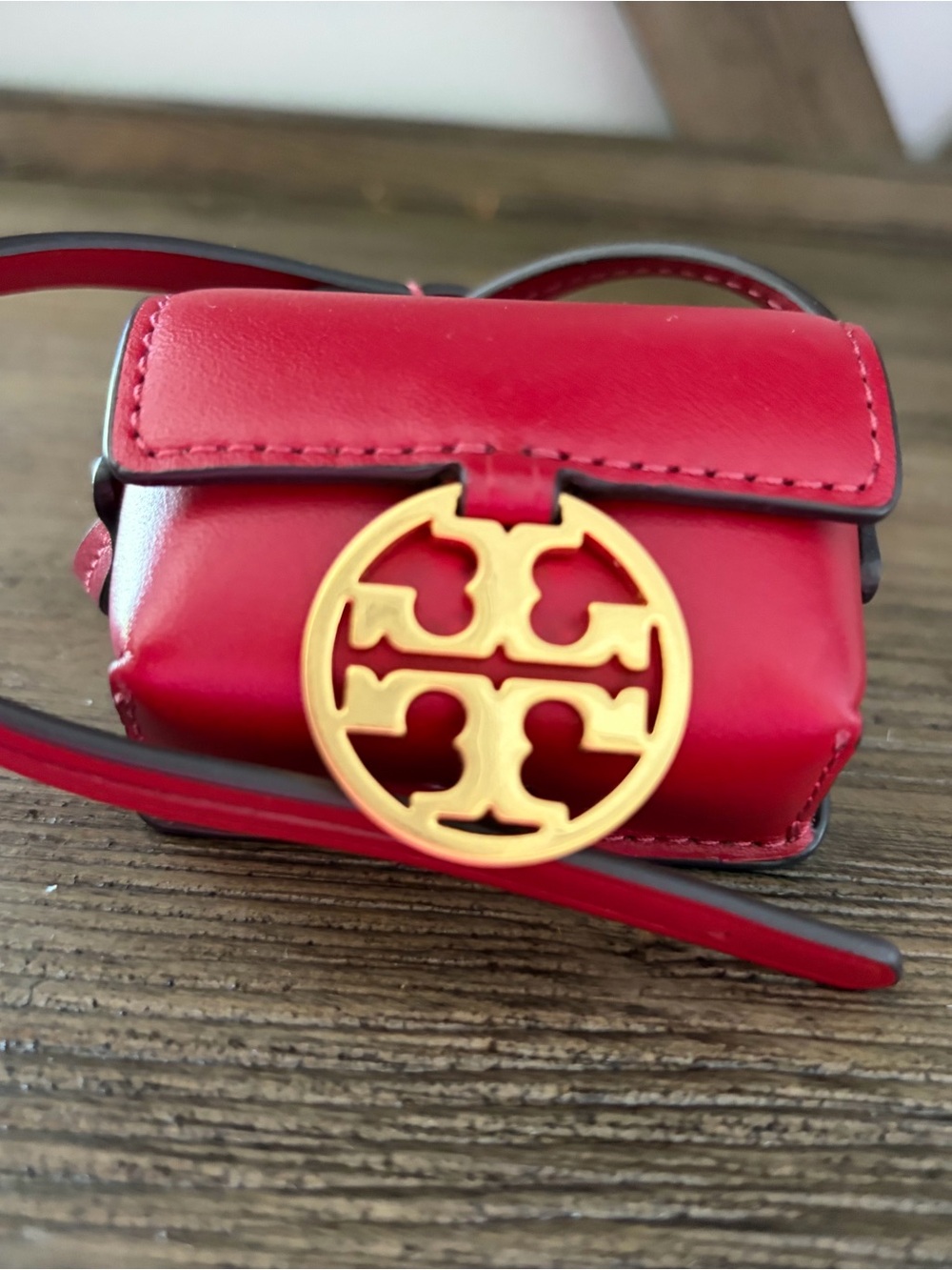 Tory Burch Small Red Leather Apple OG AirPods case with magnetic  Gold Logo